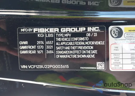 2023 Fisker Ocean One from USA, damaged, VIN VCF1ZBU22PG003615